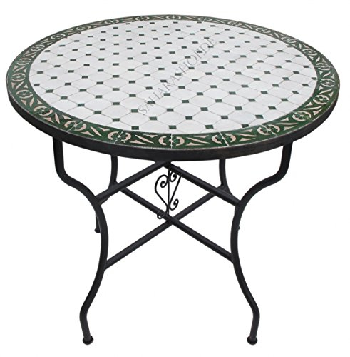 Saharashop Mediterraner Mosaiktisch Rund Ø 80 cm Tawriq Grün-Natur, Terrassentisch, Gartentisch, Mediterraner Fliesentisch, Beistelltisch-Handarbeit, Balkontisch Bistrotisch Kaffeetisch
