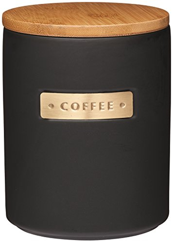 MasterClass Kaffeebehälter, Keramik-Küchenvorratsbehälter mit Messing-Effekt-Etiketten, fasst 1 Liter, 11,1 x 11,1 x 14,5cm, schwarz, 1 Stück