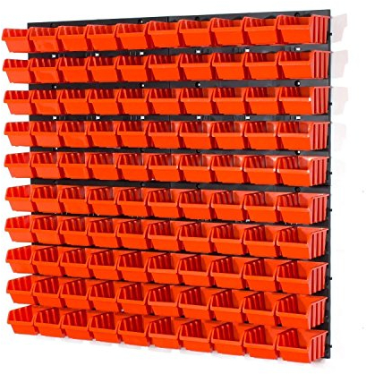 Set of 100 XS size IN-Box storage bins and wall mounted louvre