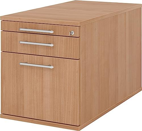 bümö Rollcontainer mit Hängeregister für Hängeordner, Container abschließbar in Nussbaum - Rollwagen mit Hängeregistratur als Schreibtisch Unterschrank od. Bürocontainer m. Relinggriffe