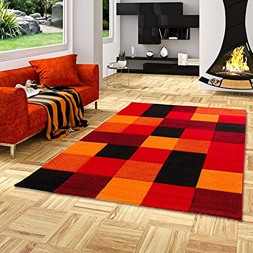 Pergamon Designer Teppich Brilliant Rot Orange Karo in 4 Größen