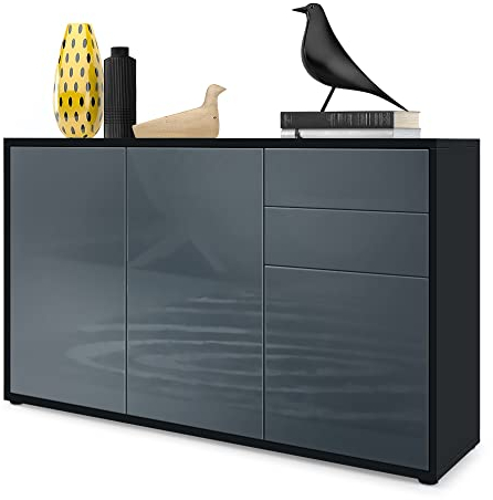 Vladon Sideboard Ben V3, Kommode mit 3 Türen und 2 Schubladen, Schwarz matt/Grau Hochglanz (117 x 74 x 36 cm)