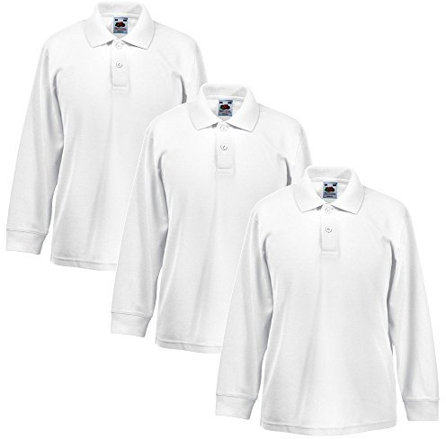 3 Pack Fruit of The Loom Children's Long Sleeve 65/35 Polo Shirt School Uniform Boys Girls (9-11 Years 32 Inch Chest, 3 x White)