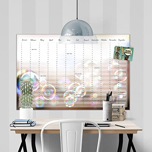 banjado® Wandkalender abwischbar aus Glas 75x50 cm/Jahresplaner abwischbar mit Motiv Seifenblasen Traum/langlebiger Jahreskalender, Urlaubsplaner & Familienplaner abwischbar