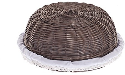e-wicker24 Brotkasten, Brotkorb aus Weide, runder Brotkorb in Wengegrau, Brotkorb mit Deckel, mit einem Stoff besetzt, dekorative Schleife