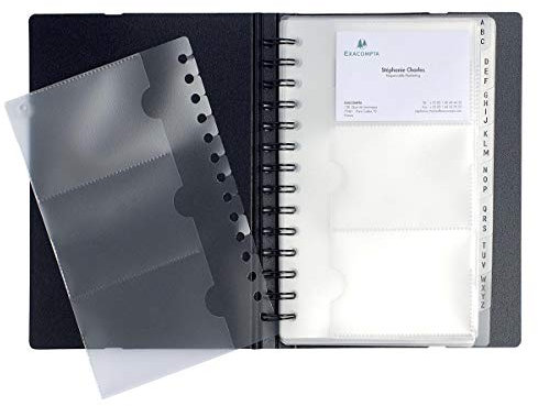 Exacompta - Réf. 75034E - Carton de 5 Porte-cartes de visite amovible à spirales Exacard - livré avec 20 pochettes détachables - pour 120 cartes - fermeture par élastique - format à classer 85x55 mm