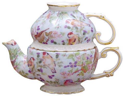 Gracie China by Coastline Imports 5-1/4-Inch Tea for One Set, Blue Birds Chintz with Gold Trim
