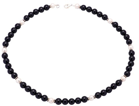 Kette Collier aus echtem Onyx & Perlen & 925 Silber schwarz weiß edel Halskette für Damen