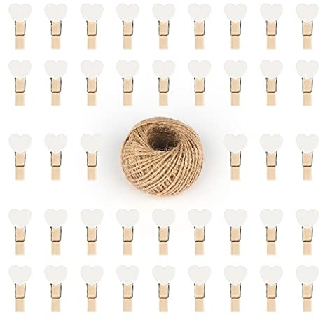G2PLUS 100 Pinces à Linge en Bois, Petite et Mini Pince, Clips Photo avec Bobine de Ficelle de Jute de 30 m - pour Photos, Fête, Mariage