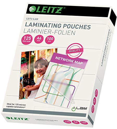 Leitz Heißlaminierfolien A6 125 mic, Hochwertige Laminierfolien im 100er Pack, mit abgerundeten Ecken, transparent, glänzend, ideal für Postkarten, 33806