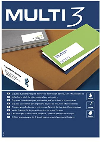 MULTI 3 4704 - Etiquetas adhesivas para impresión, inkjet laser y fotocopiadoras - Medida 70 x 37 mm, pack de 100 hojas