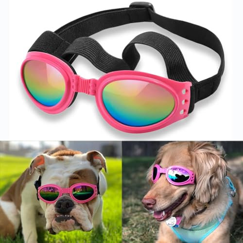 QUMY Dog Sunglasses Dog Goggles for Medium Large Breed Dogs, Wind Dust Fog Protection Eye Wear Pet Glasses with Adjustable Strap for Motorcycle Car Driving Bike Riding Hiking Swimming Over 15lbs Pink