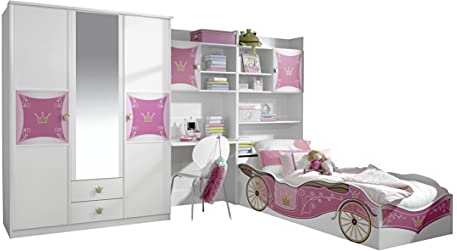 Rauch Möbel Kate Kinderzimmer Mädchenzimmer, Weiß / Motiv Prinzessin, Rosa, Gold, Set bestehend aus Kleiderschrank mit Spiegel, Bett, Schreibtisch- und Bettschrank, Gesamtmaße BxHxT 326x199x238 cm