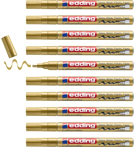 Edding 753 Kalligraphie Marker - Gold - 10 Lackmarker - Kalligraphiespitze 1-2,5 mm - für Glas, Stein, Kunststoff, Papier - wasserfest, sehr deckend - Schriftzüge, bujos