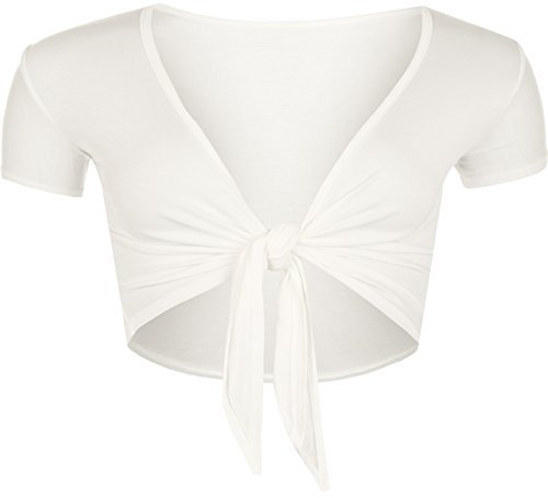 WearAll New Ladies Tie Up Shrug Crop Top Womens Short Sleeve Stretch Open Top Cream 8/10