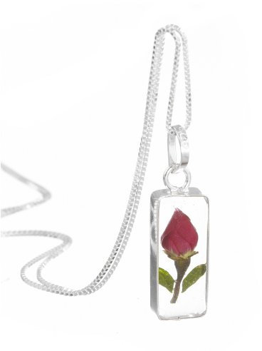 Shrieking Violet 925 Sterling Silver Small Rectangle Real Flower Pendant Necklace - Rose (Red)