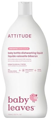 ATTITUDE Liquide Vaisselle et Nettoyant pour Biberons pour Bébé, EWG Verified, Sans Colorants ni Parfums Ajoutés, Efficace contre les Résidus de Lait et la Graisse, Végan, Sans Parfum, 700 mL