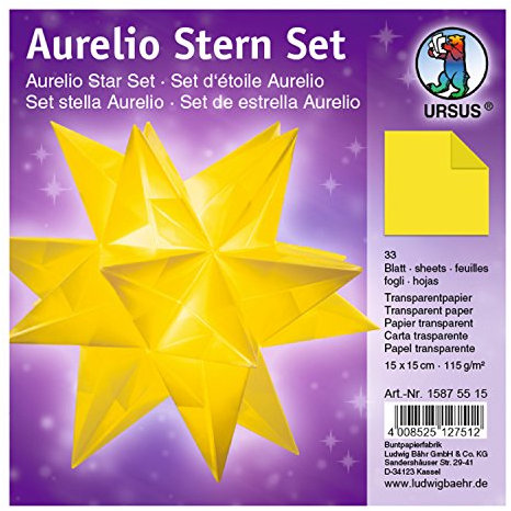 Ursus 15875515 - Faltblätter Aurelio Stern uni, gelb, 33 Blatt, aus Transparentpapier 115 g/qm, ca. 15 x 15 cm, einseitg bedruckt, ideal als zeitlose, elegante Wohndekoration