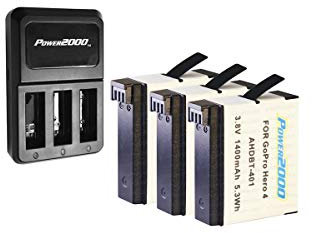 Power 2000 3 X Lithium-Ion Rechargeable Battery 3.8v 1400mAh for GoPro HERO4 AHDBT-401, PT-G4 3-Bay Charger for GoPro HERO4 AHDBT-401 Battery