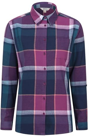 Mountain Warehouse Balsam Brushed Longline Flannel Long Sleeve Womens Shirt - Breathable Checked Shirt, Antipill, Lightweight Ladies Top, Warm - Spring Summer Purple Women's Size 8
