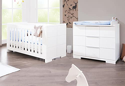 PINOLINO Sparset Polar breit, 2-teilig, Kinderbett (140 x 70 cm) und breite Wickelkommode mit Wickelaufsatz, weiß Edelmatt (Art.-Nr. 09 34 21 B)