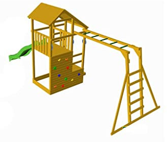MASGAMES | Parque Infantil Teide XL con Escalera de Mono | Altura Plataforma 150 cm | Rampa de tobogán con Conector a Manguera | Anclajes incluidos |