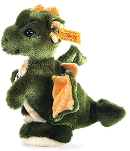 Steiff Raudi Drachenjunge - 17 cm - Kuscheltier für Kinder - Plüsch Drache stehend - weich & waschbar - grün / orange (015076), Khaki