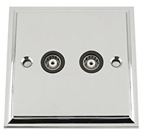 TV Coaxial Aerial Socket Double 2 Gang - Polished Chrome Victorian - Black Insert