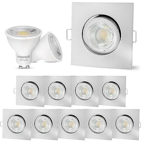 linovum 10er Set LED Einbauspots GU10 schwenkbar - Deckenspot eckig Spot Edelstahl Optik inkl. LED GU10 6W neutralweiß 230V