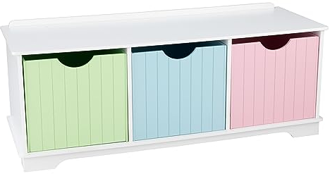 KidKraft Banc de Rangement Nantucket Pastel en Bois pour Jouets d'enfants avec 3 Paniers de Rangement, Meuble de Rangement avec 3 Bacs, Meubles de Chambre d'enfant, 14565