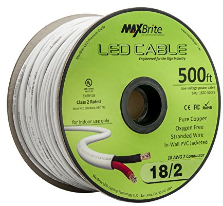 MaxBrite - 18AWG Low Voltage LED Cable 2 Conductor Jacketed in-Wall Speaker Wire UL/cUL Class 2 (500 ft Reel)