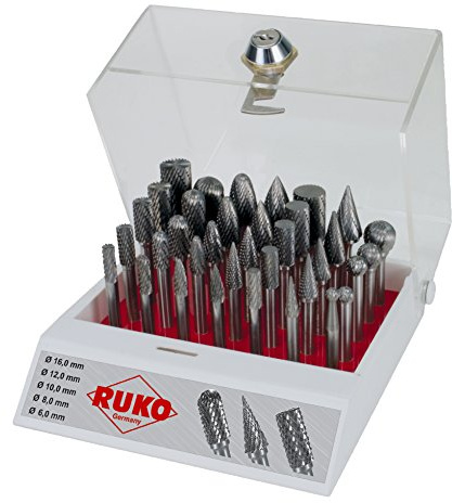 RUKO 116008 - Juego de 35 fresas de metal duro con vástago de 6 mm en vitrina de plástico