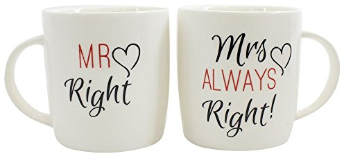 Mr. Right and Mrs. Always Right Novelty Set of Two Cute Coffee Tea Mugs, Perfect for Wedding or Anniversary Celebration