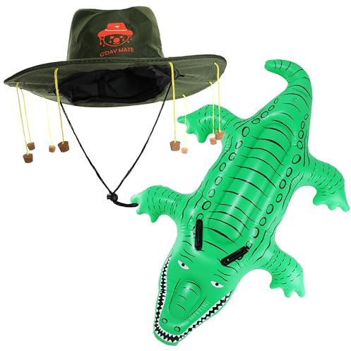 Australia Fancy Dress Set - Australian Cork Hat with Koala Print and Inflatable Crocodile - Australia Day Fancy Dress Costume Accessory Set