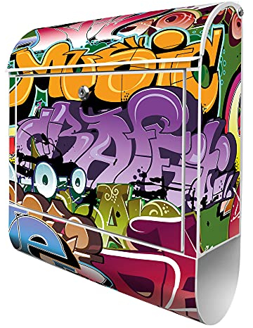 banjado® Design Briefkasten mit Graffiti 38,5x46,5x13cm & 2 Schlüssel - Briefkasten Stahl weiß mit Zeitungsfach pulverbeschichtet - Postkasten A4 Einwurf inkl. Montagematerial