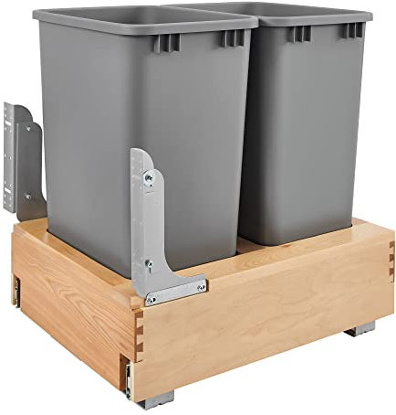 Rev-A-Shelf 50 Qt Bottom Mount Double Pullout Under Cabinet Trash Cans w/Soft-Close for Base Cabinets, Min Opening Width of 17.5, Metallic Silver, 4WCBM-2150DM-2