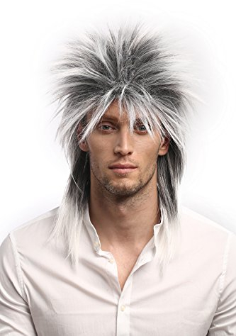 WIG ME UP - 90891-ZA60TZA1 Perücke Damen Herren Karneval 80er Wave Punk Popstar Grau Schwarz-Weiß-Mix Toupiert