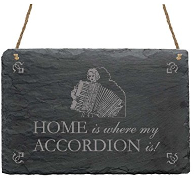Schiefertafel « HOME IS WHERE MY ACCORDEON IS » Schild mit Motiv Akkordeon - Türschild Dekoschild Dekoration - Musikant Musik Akkordeonspieler