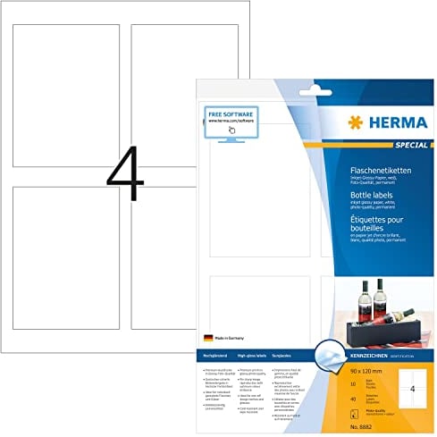 HERMA 8882 Flaschenetiketten, 10 Blatt, 90 x 120 mm, 4 pro A4 Bogen, 40 Stück, selbstklebend, bedruckbar, glänzend, blanko Flaschenaufkleber Etiketten aus hochwertigem Papier, weiß