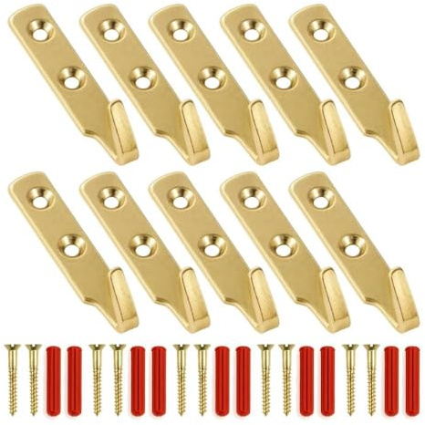 10 x Heavy Duty J Picture Hanging Hooks by Swish – Brass Wall Hooks with 20 Screws & 20 Raw Plugs Included – Strong Mirror & Picture Rail Hanging Hardware for Home, Office & Gallery Mounting