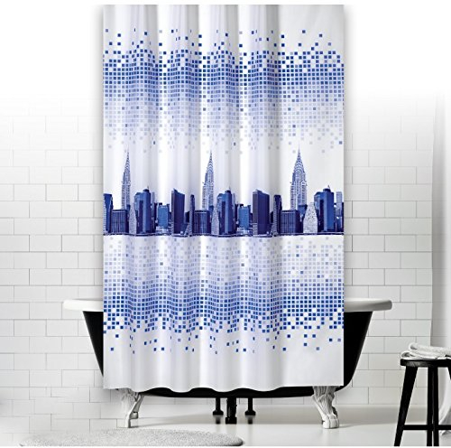 Rideau de douche textile modèle New York Blanc, Bleu, Bleu Foncé 240 x 180 cm avec anneaux de qualité 240 x 180 cm.