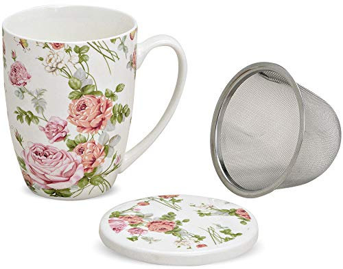 matches21 Teetasse Teebecher Rose Blüten Rosenblüten mit Deckel & Teesieb aus Porzellan 11 cm / 300 ml