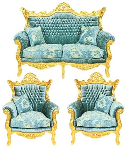 Casa Padrino Barock Wohnzimmer Set Master Türkis-Blau Muster Samtstoff/Gold - 2er Sofa + 2 Sessel - Limited Edition!