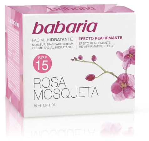 Babaria - Crema Facial Hidratante Antiarrugas, Efecto Lifting, Con Aceite de Rosa Mosqueta, Vitamina E y C, 87% Ingredientes Naturales, Vegano - 50 ml