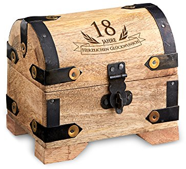 Casa Vivente Geld-Schatztruhe aus Holz mit Gravur zum 18. Geburtstag, Hell, Bauernkasse, Schmuckkästchen, Spardose, Aufbewahrungsbox