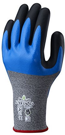 SHOWA S-TEX 376, Revestimiento de Espuma de nitrilo, Nitrilo, Anticorte, Base gris y azul con palma negra, 7/M