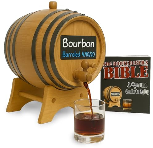 1 Gallon Charred American Oak Aging Barrel Dispenser, 5 Liter Wooden | Mini Whiskey Bourbon Barrel With Chalkboard, Stand, Bung & Spigot, Home Brewer Distilling & Wine Making Equipment Aging Kit