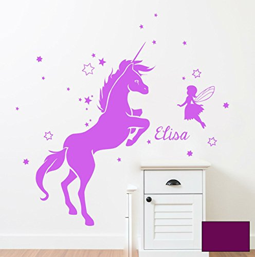 Wandtattoo Wandaufkleber Einhorn mit Fee Elfe vielen Sternen und Name Wunschname M1530 - ausgewählte Farbe: *Lila* ausgewählte Größe: *M 33cm breit x 50cm hoch