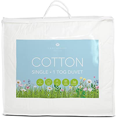 Lancashire Textiles Tog Pure Cotton Summer Duvet Single 135 x 200cm, Ultra Lightweight Cooling Quilt for Hot Sleepers, Hypoallergenic Bedding, OEKO-TEX Certified, Machine Washable, Made in Britain