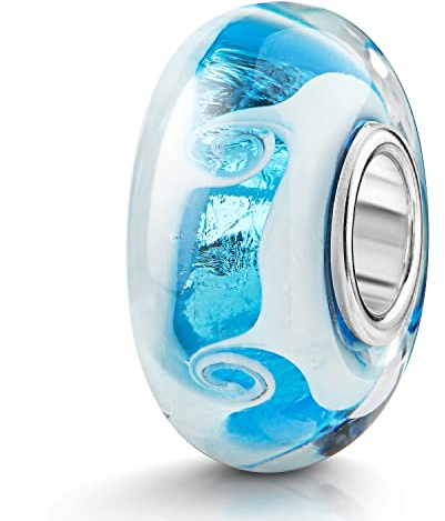 MATERIA by Matthias Wagner Glas Bead blau weiß Wellen mit Glitzerfolie und Silber Hülse 1067